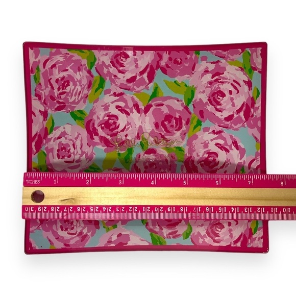 Lilly Pulitzer First Impression Pink Roses Printed Glass Catchall Tray Pink Blue - Picture 4 of 5